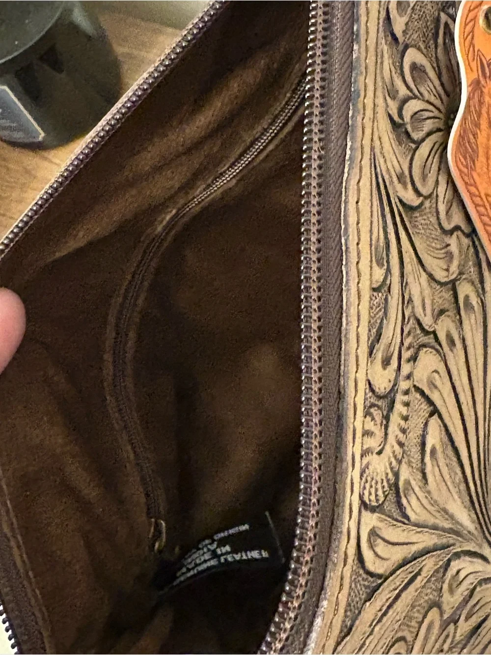 Hand-Tooled Floral Leather Toiletry Bag in Brown